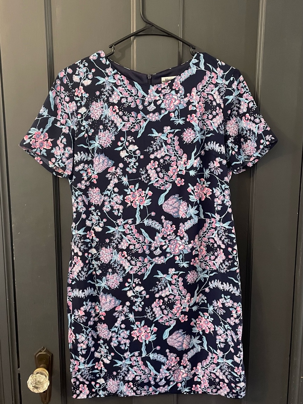 Rhyme Los Angeles Navy Floral Midi Dress with Pink & Light Blue Print - S